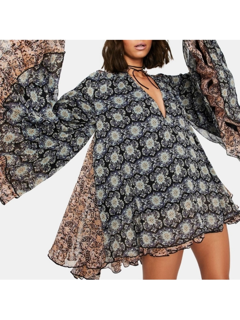 Free People Blue and Black Floral Print Mini Dress
